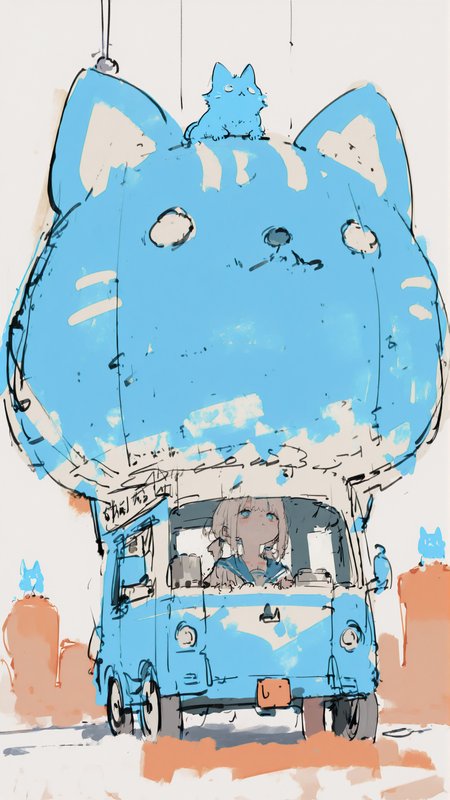 masterpiece, newest,absurdres,incredibly absurdres, best quality, amazing quality, very aesthetic, blue theme, orange fog,
1girl,cat hot air balloon, 
 <lora:S4bit4mago:1> S4bit4mago_illu,  <lora:pikus0n_illu:1> pikus0n_style, sketch