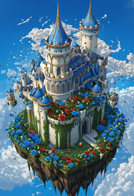 castle,
A traveler looking at a gigantic castle made of dozens of towers, medical, white, grass,matchcraft floating island , floating island, towers , sky , fly , cloud, flowers, Rose , blue rose