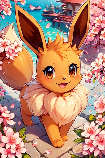 score_9, score_8_up, score_8,  ,,, , ,,, zzEV, looking at viewer, smile, open mouth, brown eyes, flower, :d, outdoors, day, petals, from above, looking up, cherry blossoms, pink flower,   <lora:EeveePokedexPDXL:1.0>,  ,,,, BREAK, smile, looking at viewer, ,,, abstract background, white outline, cowboy shot, ,,, embedding:zPDXL, Expressiveh, ,,, <lora:CatalystStylePDXL:0.6>, <lora:SDXLFaeTastic2400:0.5>, <lora:Expressive_H-000001:0.4>,