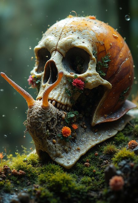 A close up of a snail with a human skull shell, mossy, flowers, colorful,  sparkling