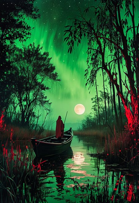 linquivera,  Ink illustration, (anime:0.5), red and green tones, aged black red paper, inkpunk, moonlight,surreal, a ghost standing on a boat in swampy wetlands, (at a distance), Will-o'-the-wisp, moonlit, lonely, solitude, windy, tall trees, willows, willowy,  OverallDetail, extremely detailed, UHD,(long exposure , dystopian but extremely beautiful:1.4),