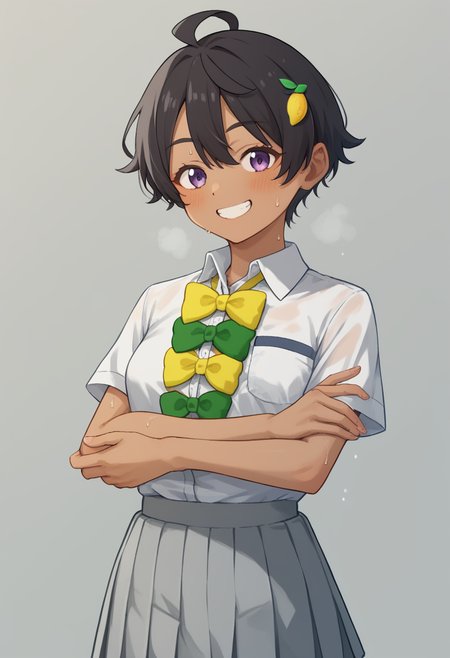 score_9,score_8_up,score_7_up,<lora:yakishio_remon_pony:1>,1girl,ahoge,black_hair,collared_shirt,crossed_arms,dark-skinned_female,dress_shirt,food-themed_hair_ornament,green_bowtie,grey_background,grey_skirt,grin,lemon_hair_ornament,pleated_skirt,purple_eyes,school_uniform,short_hair,simple_background,solo,summer_uniform,sweat,tanlines,white_shirt,yakishio_remon,yellow_bowtie,