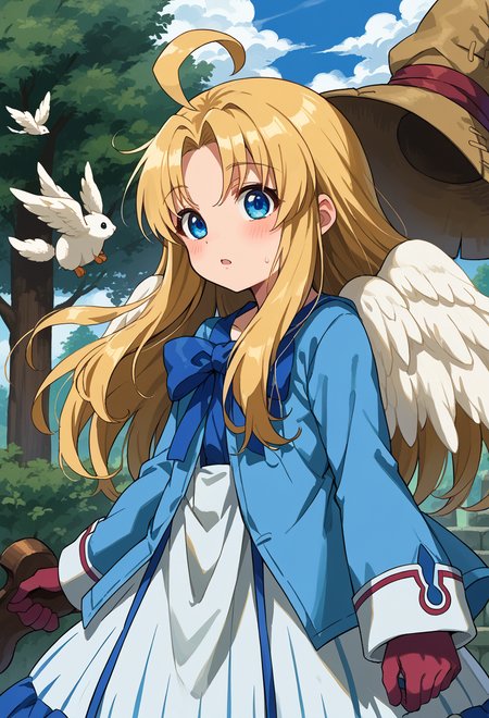 score_9, score_7_up, source_anime, BREAK <lora:AEFilo:0.9> AEFilo, blue eyes, blonde hair, ahoge, long hair, white wings,   <lora:BlackMageCostumeSDXL-V1:1> bmcostume