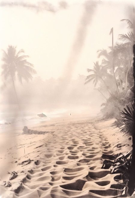 lith_orwo_dokumentenpapier_D,instagram photo, a foggy beach in sri lanka, hard shadows, film grain