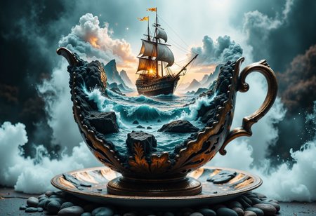 A whimsical scene of a large, ornate teacup exuding surrealism, featuring a detailed ship sailing on turbulent waters contained within the cup. The cup is richly decorated with intricate landscapes and vibrant colors, capturing a sense of adventure. Surrounding the cup, a misty atmosphere enhances the mystical feel, blending shades of deep blue and soft gray.   Capture the dreamlike quality of this imaginative tableau. bo-exposure, double exposure, <lora:s:1>