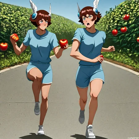 amazing photo, h_mercury, running,talaria,headgear,petasos,blue outfit,hold an apple, background garden of eden<lora:Mercury:0.7>  <lora:Mezzotint_Artstyle_for_Flux_-_by_Ethanar:0.5> <lora:CPA:0.6>anime style <lora:RetroAnimeFluxV1:0.6>