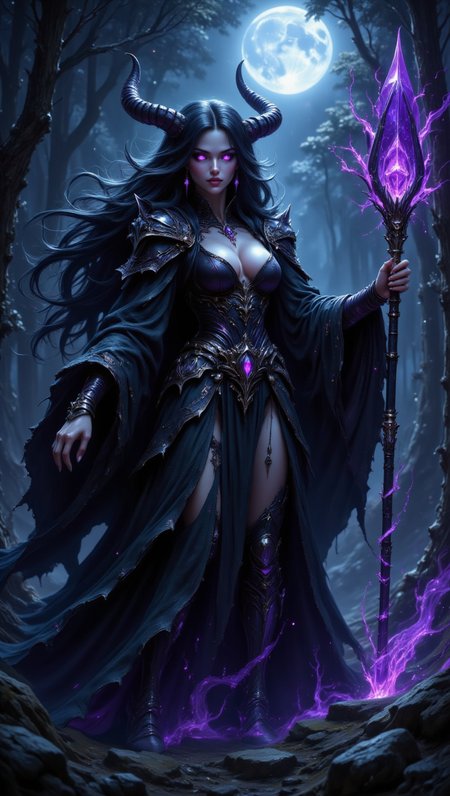pinkdarkfantasy,
 Dark Elf Sorceress - A mysterious anime dark elf with glowing violet eyes, dressed in an intricate black and silver outfit, wielding a staff that crackles with dark energy. She stands in a mystical forest bathed in moonlight.