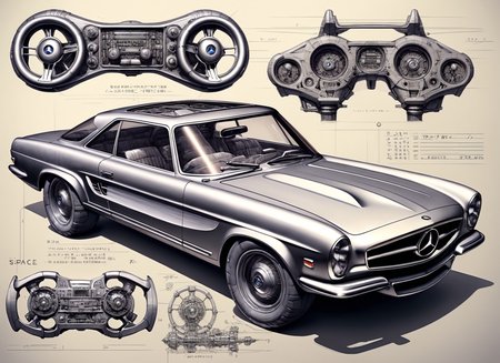 Japanese ((Ink Drawing)),  A retro futuristic silver (modern stylish ford mercedes) muscle dream car if it was build in the sixties, 1960, 1967, retro car, concept car, steering wheel, wiper, two seats, symmetrical front  grill. cgsociety, artstation, cgsociety, unreal engine, 3d rendering, octane, finalrender, zbrush, clipboard, D&D, detailed, intricate details, concept art for movies like'lost in space'space odyssey'lost in a never,  Japanese Ink Drawing <lora:futscribe:0.8> futscribe, ftsc, technical sketch