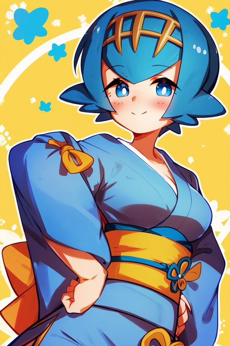 score_9, score_8_up, score_8, medium breasts, (curvy), cute, eyelashes,      ,,,  zzLana, blue eyes, short hair, bright pupils,  looking at viewer, blush, smile, long sleeves, closed mouth, japanese clothes, wide sleeves, kimono, sash, obi, yellow background, hands on hips, blue kimono,  <lora:Shamonabe_Lana_PDXL:0.8>,   ,,, smile, looking at viewer,  abstract background, white outline,  ,,, embedding:zPDXL, Expressiveh, <lora:Expressive_H-000001:0.4>,