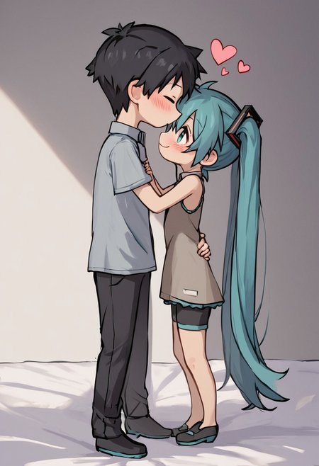 score_4,score_5,score_6,score_7_up,score_8_up,score_9 ((masterpiece,best quality,ultra detailed,highres,HD,4k:1.2)), 
chibi,full body,deformed,
1 girl and 1 boy,hetero,girl focus,
hatsune miku,absurdly long hair,aqua hair,twintails,hair ornament,sidelocks,hair between eyes,parted bangs,aqua eyes,
black short hair boy,
Kissing man and woman, couple, kissing face to face, side view, from side, side angle,looking at each other, bedroom,heart symbol, heart effect,
smile,happy,closed mouth,
