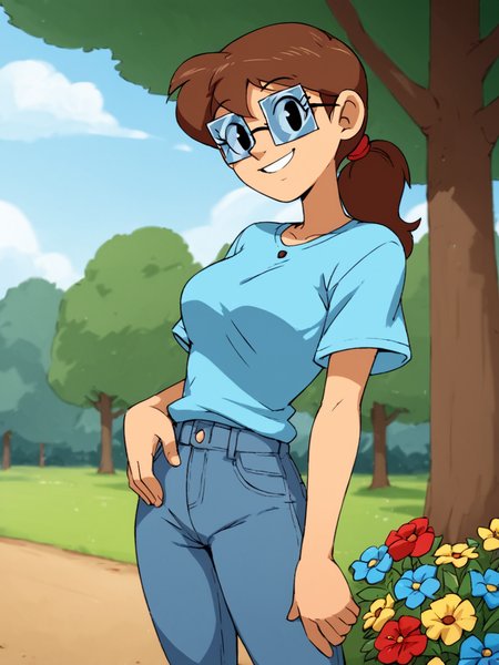 score_9, score_8_up, score_7_up,  score_6_up, BREAK, S0s4n, 1girl, solo, black eyes, long hair, brown hair, glasses, ponytail, blue shirt, jeans, smile, looking at viewer, in the park, flower, tree  <lora:Susan-000006:1>