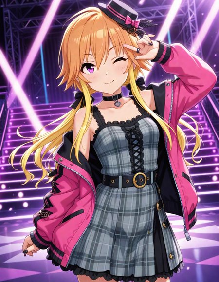 masterpiece,best quality,absurdres,official art,official style,source_anime,anime screencap,anime coloring,
<lora:Hyper-SDXL-8steps-lora:1>,
<lora:Asuka_IL:0.8>,asukachang,1girl, solo,light brown hair, long hair, multicolored hair, yellow hair,  two-tone hair,purple eyes, 
one eye closed,black nails, nail polish, smile, dress, choker, plaid dress, belt, black headwear, looking at viewer, blush,  sleeveless dress, open jacket, open clothes, jewelry,collarbone, pink jacket, twintails, ring,  ;), grey dress, black choker, off shoulder, hair bow,  long sleeves, closed mouth,  arm up, bare shoulders, low twintails,  ribbon, clothes writing, mini hat, zipper, cowboy shot, earrings, wavy hair, collar, hair ribbon,stage,