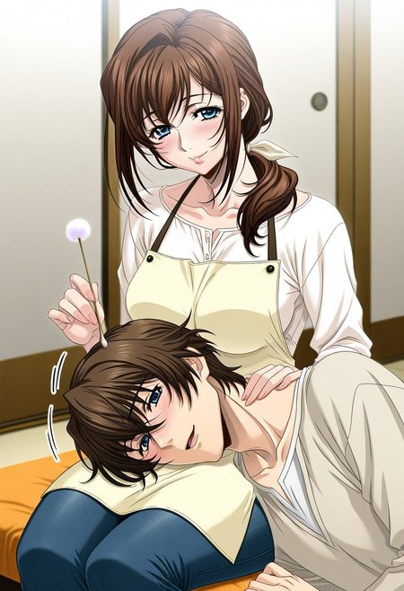 masterpiece, best quality, newest, highres, uncensored, 1girl, yokota mamoru style,1girl, slender face，motion lines,blush,torogao,looking at the viewer,seductive smile
Asai Sayaka,Brown Hair, Ponytail,Blue Eyes,Medium Breasts, Slim,long hair
1girl,solo
1girl, mimikaki, 1boy, lap pillow, brown hair, apron, jeans, denim, mature female, long hair, blue eyes, hetero, blush, pants, couple, sitting, 1girl, mimikaki, 1boy, lap pillow, brown hair, apron, jeans, denim, mature female, long hair, blue eyes, hetero, blush, pants, couple, sitting