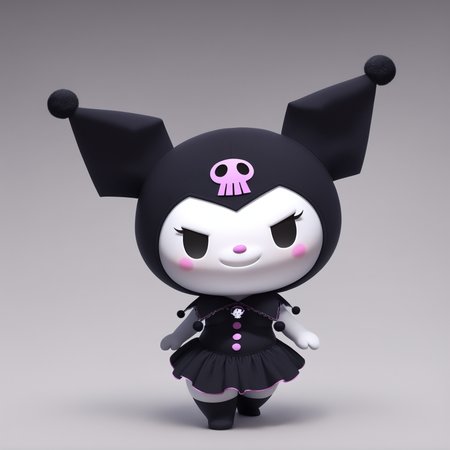 kuromi, sanrio, chibi, solo, jester cap, black eyes, female, furry, white body, black dress, gradient background, full body, artist:bing3d <lora:b3d-v2-noob-vpred10:1>