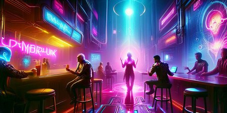 Cyberpunk 2077 Afterlife netrunner bar scene, <lora:Cyberspace:1> cyberspace, glowing magical energy in cyberspace,