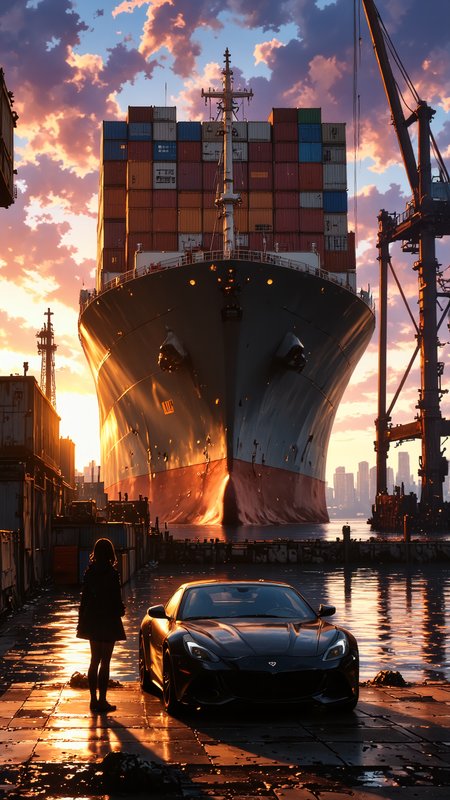 High-resolution anime-style illustration, bold painterly textures, cinematic sunset lighting. A massive container ship is docked in a bustling harbor at sunset, its towering stacks of colorful cargo containers casting long shadows over the reflective water.
The golden-orange sky fades into deep purples and blues, the last light of the sun glinting off the shipâs weathered metal hull. Cranes loom overhead, their silhouettes stark against the glowing horizon, while distant city lights begin to flicker to life along the waterfront.
In the foreground, a sleek car is parked near the dock, its polished surface reflecting the warm hues of the sunset. A lone woman stands beside it, her silhouette outlined against the glowing sky as she watches the harbor, exuding a quiet, mysterious presence. <lora:Mezzotint_Artstyle_for_Flux_-_by_Ethanar:0.6> <lora:Evangelion_Post-impact_Apocalyptic_Style_Flux.1_D_by_AutoPastel-000019:0.6> <lora:RealAnime:0.8>