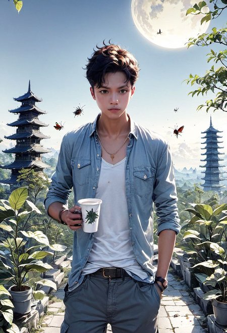 bug, sky, pagoda, torn pants, multiple boys, forehead mark, blurry, holding cup, plant