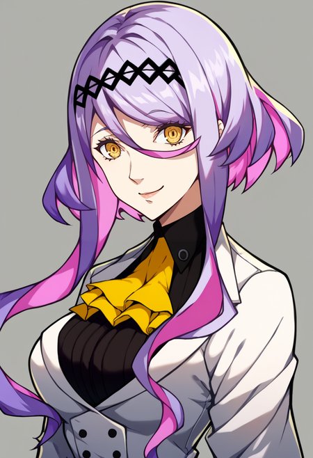 score_9, score_8_up, score_7_up, source_anime, BREAK, solo, 1girl, smile, looking at viewer,  <lora:P5-Portraits-pdxl_Fp:1>, simple background, portrait, <lora:figue-sh2-richy-v1_pdxl:1>, figue, yellow eyes, purple hair, multicolored hair, hairband, hair between eyes, sidelocks, yellow ascot, white coat, long sleeves, black shirt, large breasts,