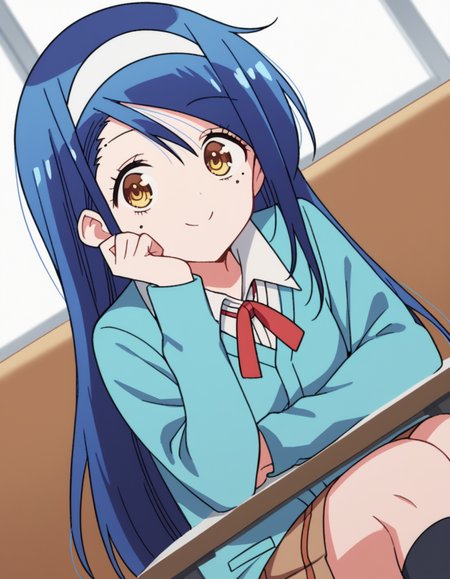score_9, score_8_up, score_7_up, source_anime, <lora:fumino-furuhashi-s2-ponyxl-lora-nochekaiser:1>, fumino furuhashi, long hair, brown eyes, blue hair, yellow eyes, hairband, mole, mole under eye, white hairband,, skirt, shirt, long sleeves, school uniform, pleated skirt, kneehighs, neck ribbon, brown skirt, cardigan, blue cardigan, collared shirt,, indoors, smile, looking at viewer, solo, sitting, head rest, table,, cowboy shot, dutch angle