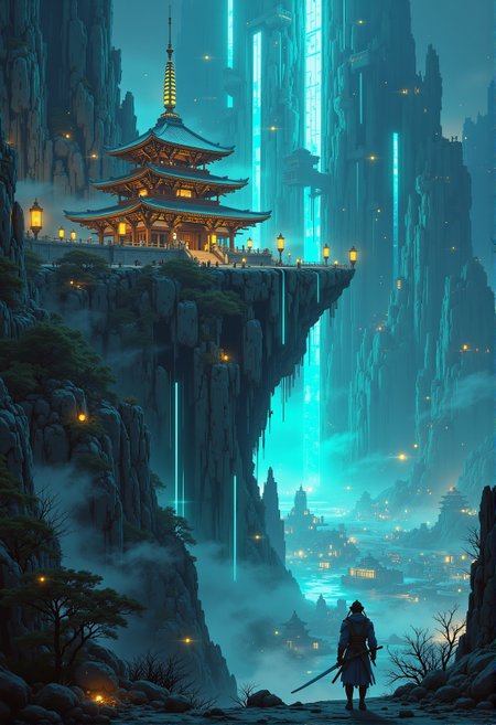 <lora:ck-ghost-reaper:0.9>, This is a digital artwork in the style of ckgr,
Perched on the edge of a towering, mist-covered cliffside, a colossal neon-lit temple stretches toward the night sky, its golden and cyan bioluminescent veins pulsing like a living entity. The architecture blends elements of traditional Japanese pagodas and futuristic megalithic design, creating a structure that looks both ancient and impossibly advanced. Floating lantern drones drift through the air, illuminating the cascading waterfalls that tumble from the temple’s heights, glowing as if infused with liquid light. Below, an infinite cyber-city sprawls in the valley, its skyscrapers resembling digital pillars of light. In the foreground, a lone samurai-like warrior with a neon katana stands at the temple’s entrance, gazing out over the surreal, otherworldly vista. The entire scene radiates an anime-style fusion of mysticism and high-tech grandeur, as if it belongs to a legend yet to be written.