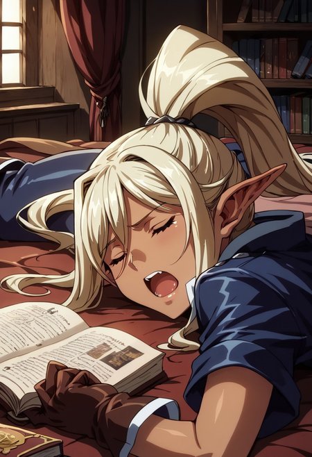 <lora:chloe:1> chloe, dark_skin, blonde_hair, pointy_ears, elf, long_hair, dark_elf, ponytail, gloves, red_eyes, thighhighs, boots, score_9, score_8_up, score_7_up, source_anime, rating:safe, (close_up:1.3), sleepy, yawning, tired, closed_eyes, open_mouth, laying_down, curled_up, blanket, bookstore, bookshelves, books, cozy, armchair, reading_nook, window, sunlight