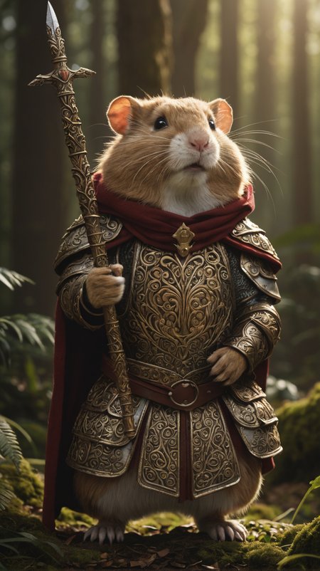 cinematic photo cinematic photo,extremely detailed fur,(holding a gleaming ornate sword:1.85),image of a wise old veteran hamster warrior wearing (shiny intricate armor:1.4) and a dark woolen cloak,haze,sparkles,glow effects,crepuscular rays,raw photo,8k,true 4k,cinematic style,rim lighting,front light,spot light,perfect lighting,chiaroscuro,professional photoshoot,intricate,ultra detailed,in an overgrown enchanted forest,moss,(beautiful flowers:1.3),ferns and vines,extremely detailed background,light shafts,bokeh,hasselblad,70mm,f/2,35mm,raw photo,schneider super cinelux,cinematic  photorealistic,8k uhd natural lighting,raw,rich,intricate details,key visual,atmospheric lighting