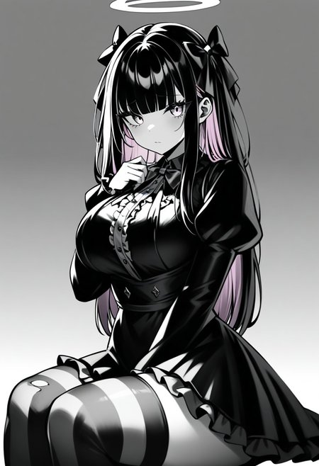 (masterpiece), (best quality), (ultra-detailed),
1girl, solo, long hair, breasts, looking at viewer, bangs, large breasts, shirt, black hair, thighhighs, long sleeves, dress, bow, ribbon, sitting, closed mouth, pink hair, purple hair, hair bow, multicolored hair, frills, wings, striped, puffy sleeves, artist name, blunt bangs, black dress, two-tone hair, torn clothes, halo, blue bow, juliet sleeves, striped thighhighs, colored inner hair
shadow,monochrome