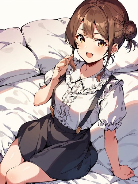 score_9, score_8_up, score_7_up,  
1girl, sitting, on bed, smile, open mouth, looking at viewer, brown hair, side bun, braided bun, small breasts, white shirt, short sleeves, frilled shirt, puffy sleeves, black skirt, suspenders, 