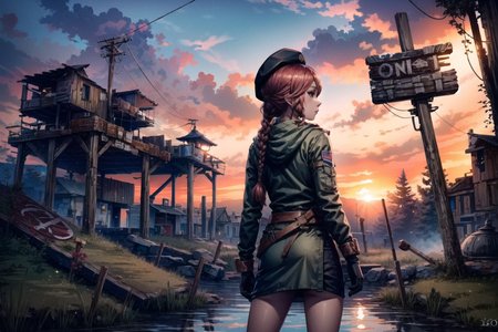 looking at viewer,  <lora:Wasteland:1> wasteland raider outpost,  <lora:asami_lilith_v1:0.8> lilith1, braid, hat, beret, \(lilith1:2.0\), best quality, masterpiece, <lora:more_details:0.65>, 1girl, solo