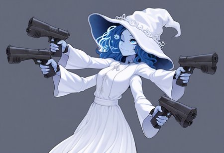 masterpiece, best quality, absurdres, simple background,1girl, solo,RnnDef, blue eyes, one eye closed, blue hair, wavy hair, (4 arms:1.2), extra faces, ghost face, blue skin, colored skin, cracked skin, doll joints,witch hat, large hat, white headwear, white dress, long sleeves, smile,multiple handguns,holding  guns,aiming <lora:cheshirrr_n11:1> <lora:Ranni_illusXLNoobAI_Incrs_v1:0.8>