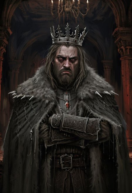 (horror-themed digital painting in jrst artstyle:1.2) about a mad king, upper body portrait, hair down, dirty, stubble beard, sad, depressed, tear, tattered noble outfit, crumbling palace interior, unsettling, terrifying, dark, spooky, suspenseful, grim, highly detailed