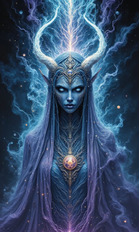 Celestial empress with shimmering djinn features, enveloped in silken robes of flowing azure and silver. Her ethereal presence illuminated by radiant celestial light, exuding a mystical aura. Adorned with intricate jeweled headdress and amulet of ancient symbols. Empress stands solemnly amidst swirling mists of enchanted lavender and emerald. Her eyes, pools of cosmic wisdom, gaze into distant realms. A regal bearing, exuding both grace and power, softly lit by moonlight's embrace. Intricately detailed masterpiece, 8k resolution, capturing the play of light and shadow. A convergence of elegance and mysticism, weaving a tale of transcendence and divine femininity. <lora:aidmaMJ6.1-FLUX-v0.4:0.7> <lora:aidmaFLUXPro1.1-FLUX-v0.3:0.8> <lora:DND_GRAINYBOYZ_FG_FLUX_V2_ROMULUS_Lora:0.8> <lora:flux_dev:1>