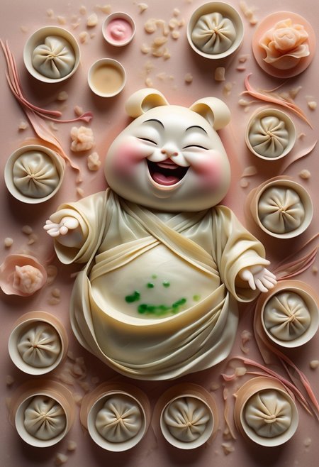 Portrait of a Dancing Dumpling, Abstract Satin Texture, Gradients of Steamed White, Ginger Pink, and Soy Brown, Eyes Twinkling with Joy, Surrounded by Floating Scallions and Tiny Sauce Bowls, Glossy Finish, Creating a Whimsical Dim Sum Dance Party