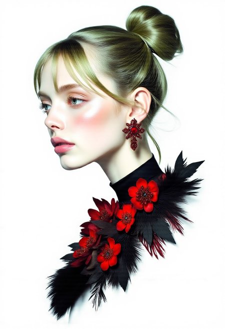 mwv7_alpha_v01,2D fashion Studio Ghibli Dark Fairytale, illustration of a woman with pale, flawless skin, her head tilted slightly upward in a confident, looking side ways at you, elegant pose. She wears bold red jewelry (earrings, necklace, and face adornments) rendered in a flat, graphic 2D style, with sharp edges and striking silhouettes. Her lips are perfectly shaped, subtly glossy, adding to the refined allure. Set against a deep white background, the composition plays with a powerful contrast of black, white, and red, creating a dramatic and stylish visual impact,(perfect green hair in ponystyle with bangs). Her expression is poised and emotionless, evoking high-fashion attitude. The lighting is minimal, emphasizing the silhouettes and color contrasts, with red elements glowing softly against the monochrome setting. (Editorial style) meets (minimalist elegance), capturing the essence of modern luxury with a surreal twist.