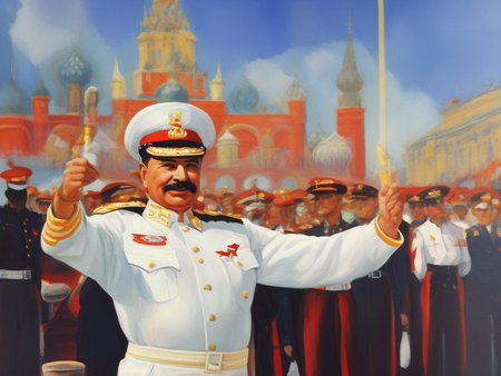 painting of stalin in a white uniform smiling, hero shot, art by socialistrealism, red square in background,blue sky with clouds, light rays