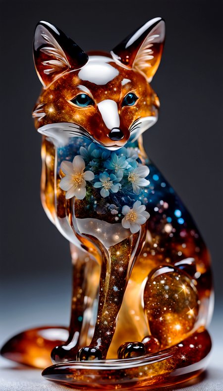 intricate transparent glass interstellar nebula fox statue made of galaxies, flora and fauna, hyper realistic, ultra detailed, elegant, beautiful, 1 tail