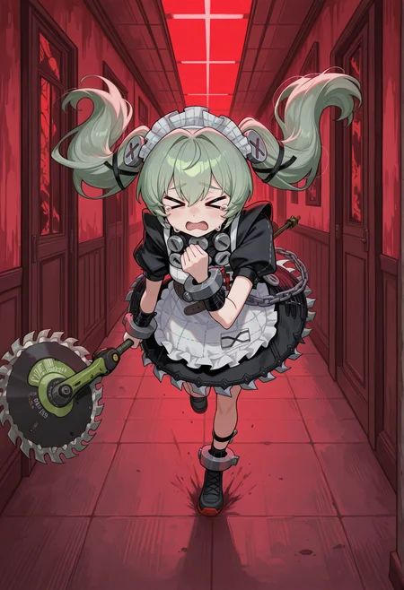 close-up, horror \(theme\), gritty, colorful, faux traditional media, red light, night XD, worried, 1girl, solo, long hair, green hair, twintails, screw hair ornament, maid, maid headdress, maid unifrom, screw, apron, wristbands, shackles, short sleeves, puffy sleeves, belt, chain, holding weapon, XD, tears, worried, indoors, hallway, running, full body <lora:corin_illus:1> incoming attack, polearm, circular saw, standing, swinging, masterpiece, best quality, amazing quality, very aesthetic, absurdres, highres, newest
