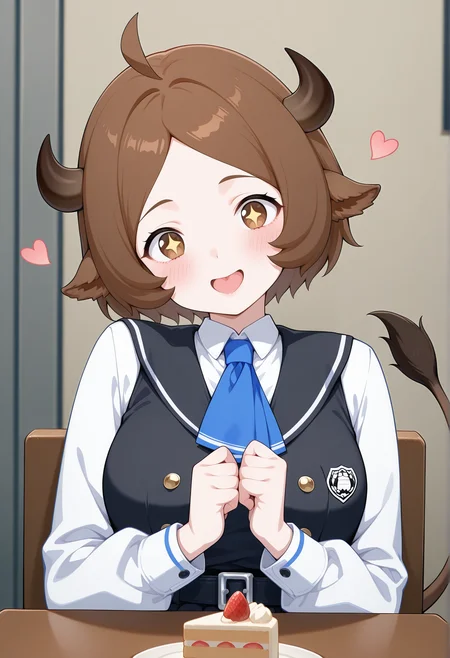 1girl, plump, short hair, brown hair, ahoge, brown eyes, cow girl, horns, tail, animal ears, school uniform, vest, ascot, belt, sitting, hands together, table, cake slice, hands together, head tilt, +_+, smile, open mouth, heart-shaped tongue. portrait, happy, blush <lora:ellens_friends:1>, masterpiece, best quality, amazing quality, very aesthetic, absurdres, highres, newest