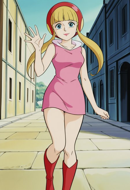 1girl,solo,mm,mature female,long hair,twintails,blue eyes,blonde hair,bangs,blunt bangs,lipstick,retro artstyle,anime coloring,
pink dress,sleeveless,red boots,helmet,red headwear,waving, looking at viewer, outdoors,smile
,masterpiece,best quality,amazing quality,<lora:Luna-Shinzou_Ningen_Casshan:0.8>