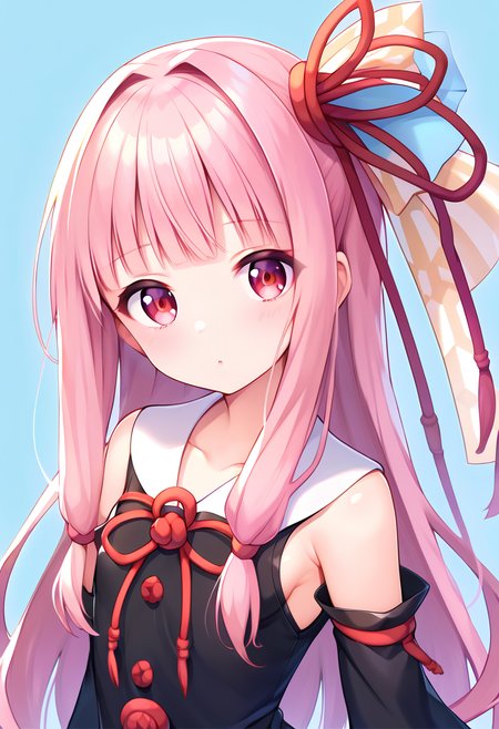 score_9, score_8_up, score_7_up, score_6_up, score_5_up, score_4_up, source_anime,
BREAK,
<lora:kotonoha_akane_ponyXL_v1:1> kotonoha akane, pink hair, long hair, red eyes, standing, looking at viewer, simple background, black dress, detached sleeves, hair ribbon, sidelocks, blunt bangs,