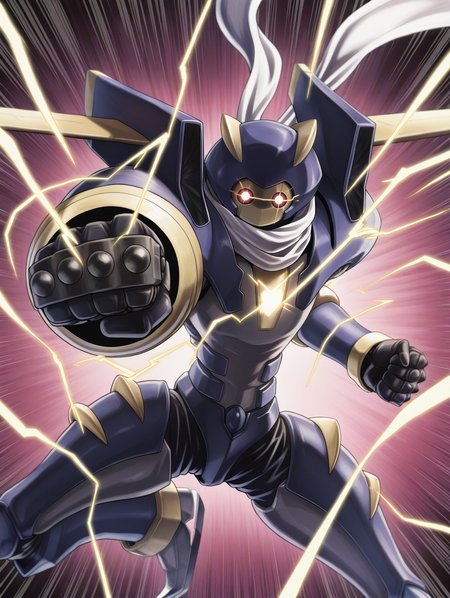 junk warrior, solo, no humans, robot, glowing eyes, emphasis lines, looking at viewer, motion lines, white scarf, electricity, spikes, clenched hands, standing, brass knuckles, leg up, incoming punch, classic pose, flying
masterpiece,best quality,amazing quality,very aesthetic,absurdres,newest,<lora:Junk Warrior illuXL v1:0.82>,