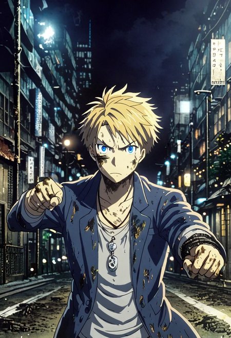 high resolution, professional photography, solo, best quality, 1Boy, Yamato Ishida, Blond Hair, Deep Blue Eyes, Necklace, potrait, midnight, big city, dim street lights, dirty environment, cold, tense, mysterious, sharp eyes, merciless, threatening, weapon, aiming the weapon at the viewer, OverallDetail
