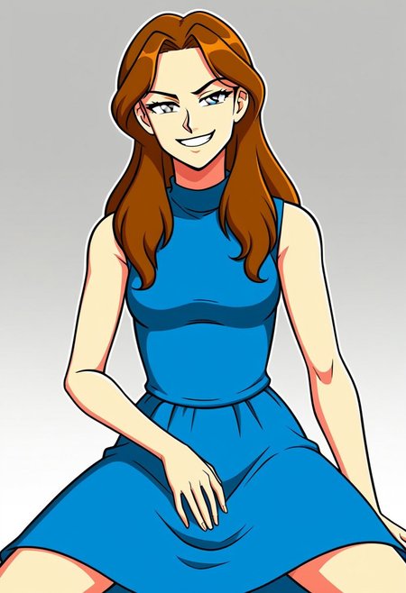 kellymorrison, source_cartoon, portrait illustration of a young woman wearing a dress, gray eyes, long hair, smirk. sitting, simple background. 8k, perfect quality, cinematic lighting.