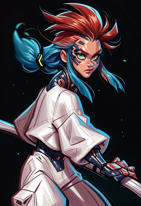 score_9, score_8_up, score_7_up, score_6_up, 1girl, BREAK,
 Ra3lyn,  Cyberpunk Style, masterpiece, best quality, good quality, very aesthetic, absurdres, newest, 8K, depth of field, half-face demon, focused subject, portrait, dynamic angle, action shot, 1girl, solo, medium hair, split hair, split-color hair, two tone hair, blue hair, red hair, (low-tied_long_hair), front locks, twin locks, front locks, white clothing, looking at viewer, fierce look, organic, the cyborg is very sinister and dangerous, cross_draw, glowing katana, thermal katana, sword_draw, iaido, one_hand_on_sheath, unsheathing, duality, light and shadow, dark and bright
in the style of cksc, upside-down，handstand, zPDXL