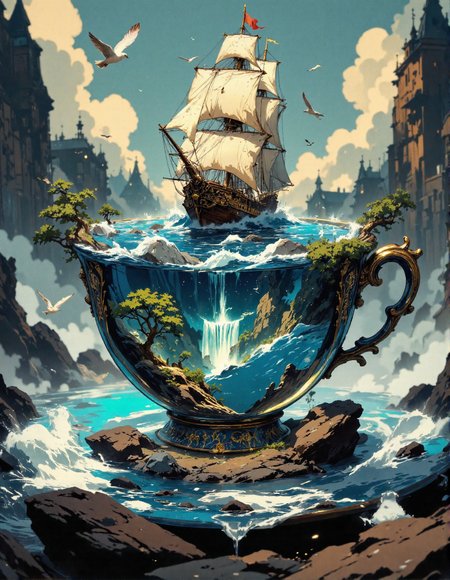 a blue and gold teacup filled with water and a ship. The teacup has an ornate handle and is decorated with gold. Inside the teacup is blue water that is wavy, and a sailing ship is in the water, partially underwater. There are also small trees and a waterfall inside the teacup.  Several tiny seagulls are flying around the teacup and ship. The teacup is sitting on a dark, rocky surface that looks wet and has small puddles. The image shows a teacup, ship, water, trees, waterfall, and seagulls, <lora:RetroAnimeFluxV1:0.3>, <lora:VividlySurreal:0.5>, <lora:aidmaFLuxPro1.1_v0.3:0.6>, <lora:Anime Art V3:1>