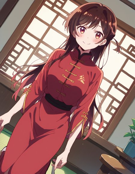 score_9, score_8_up, score_7_up, source_anime, chizuruichinose, <lora:chizuru-ichinose-s1-ponyxl-lora-nochekaiser:1>, chizuru ichinose,, <lora:tangzhuang-ponyxl-lora-nochekaiser:1>, tangzhuang, chinese clothes,, indoors, smile, blush,, full body, dutch angle, looking at viewer,