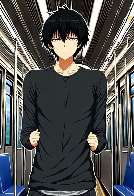 high resolution, solo, best quality, 1Boy, Seiya Kanie, black hair, short hair, thin, train, inside train, OverallDetail