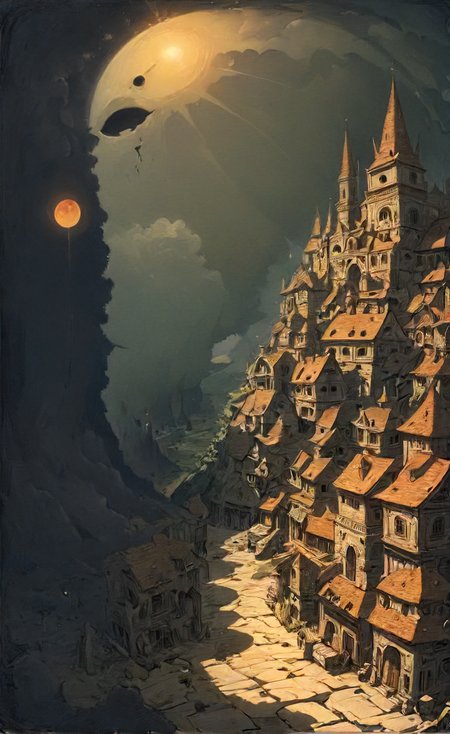 studio ghibli, infuriating puzzle,  darkest small necropolis night of the envy sitting hiding tiny dead wast (landscape:1.1), moon, eclipse, fog, BREAK lovely day of the happy living thriving busy (village:1.1) city, sun, god-rays, highly detailed, landscape, panorama, wide-angle, moody, atmospheric, masterpiece, high resolution, hdr, 8k, composition, shadows, clouds, (complex:1.2), (intricate:1.1),  <lora:- SDXL - vanta-black_contrast_V3.0:0.7>, <lora:- SDXL - otclillsn_impossible_geo_V1.0:0.7>, <lora:dfantasy:0.8>, <lora:The_Simplest:0.8>, <lora:DonMP41n717Bl4ckXL:0.4>, <lora:SDXL - Style - EldritchRomanceIllustration1.3.1:0.4>, <lora:artfullyECHELIER_SDXL_V1:0.4>