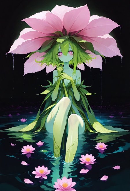 masterpiece, best quality, amazing quality, very aesthetic, absurdres, newest, volumetric lighting, dark background, masterpiece, best quality, amazing quality, very aesthetic, absurdres, newest, volumetric lighting,
BREAK,
nsfw, 1girl, beautiful eyes, big eyes, detailed eyes, detailed pupils, Alraune, colored skin, green skin, plant clothing, large flower, plant around girl, sitting in water, legs submerged, pink petals, holding pink petal umbrella, leaves, green hair, looking at viewer, covered, water, detailed background