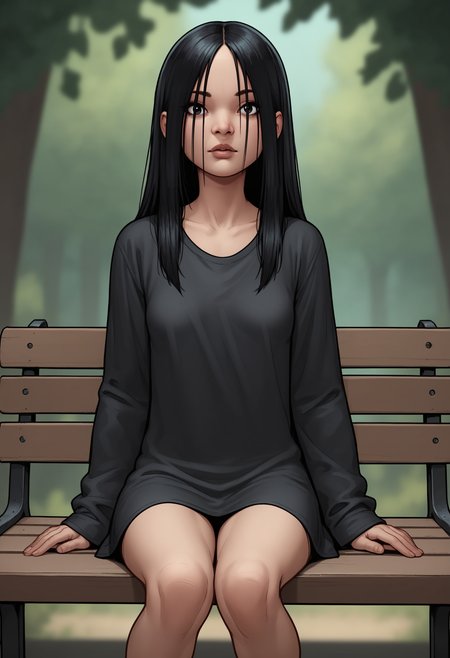 score_9, score_8_up, score_7_up, score_6_up, score_5_up, score_4_up, source_western, source_cartoon, 1girl, <lora:TheFemale:0.7> small breasts, black eyes, black hair, long hair, oversized shirt, black shirt, looking at viewer, sitting on bench, 
forest background, blurry background,